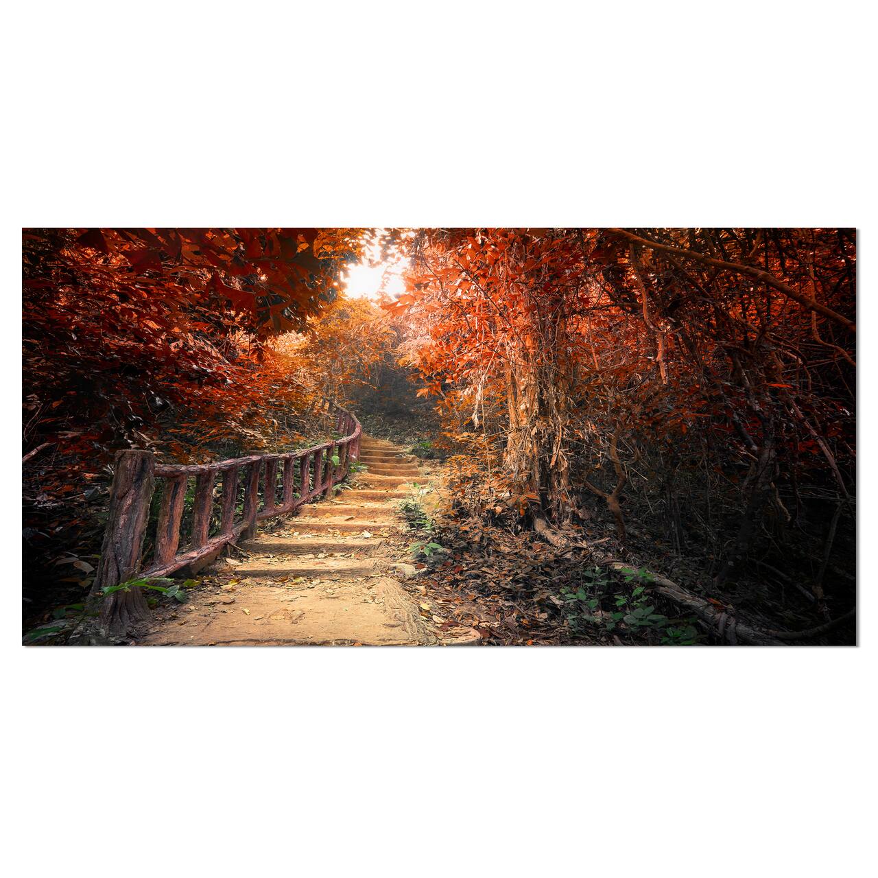 Designart - Stairway Through Red Fall Forest - Landscape Photography Canvas Print